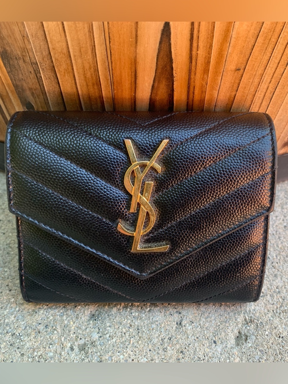 Saint Laurent Grain De Poudre Matelasse Chevron Monogram Compact Tri Fold Wallet